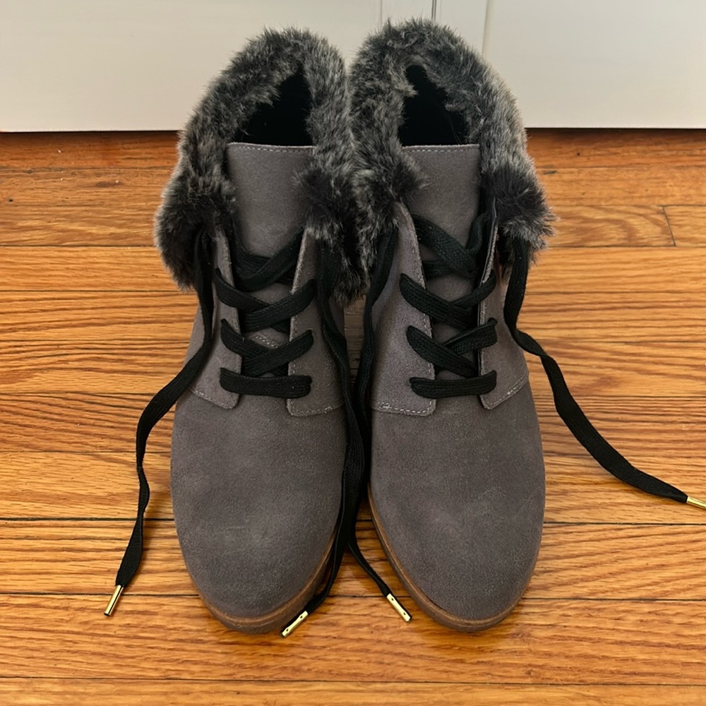 Cole Hann Coralie Wedge Suede Gray Faux Fur Boot